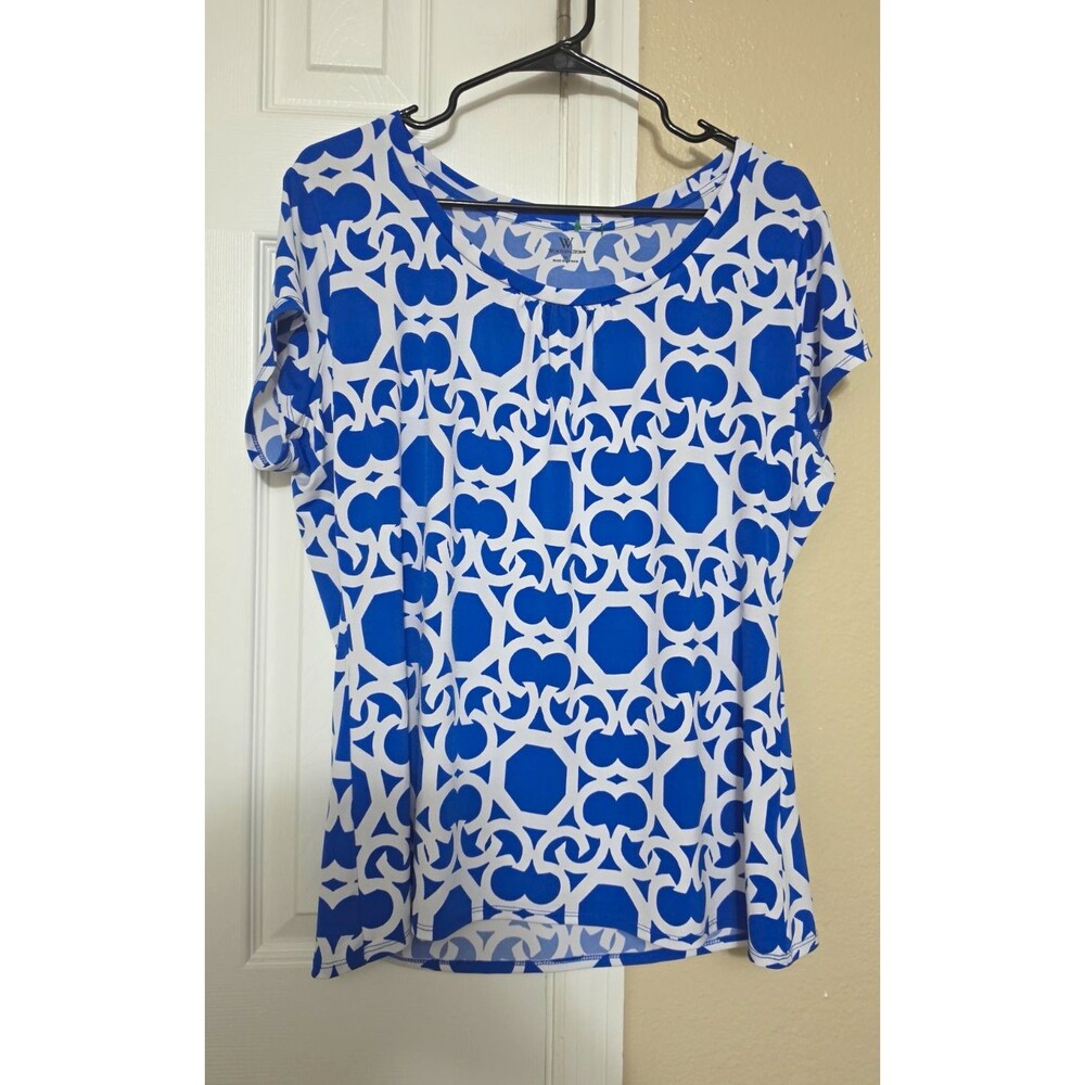 Worthington Women's XL Regular Blue White Geometric Round Neck Cap Sleeve Top